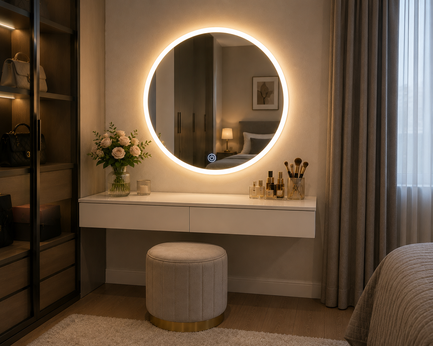Gương LED gắn tường phía trên bàn trang điểm, ánh sáng LED đang bật