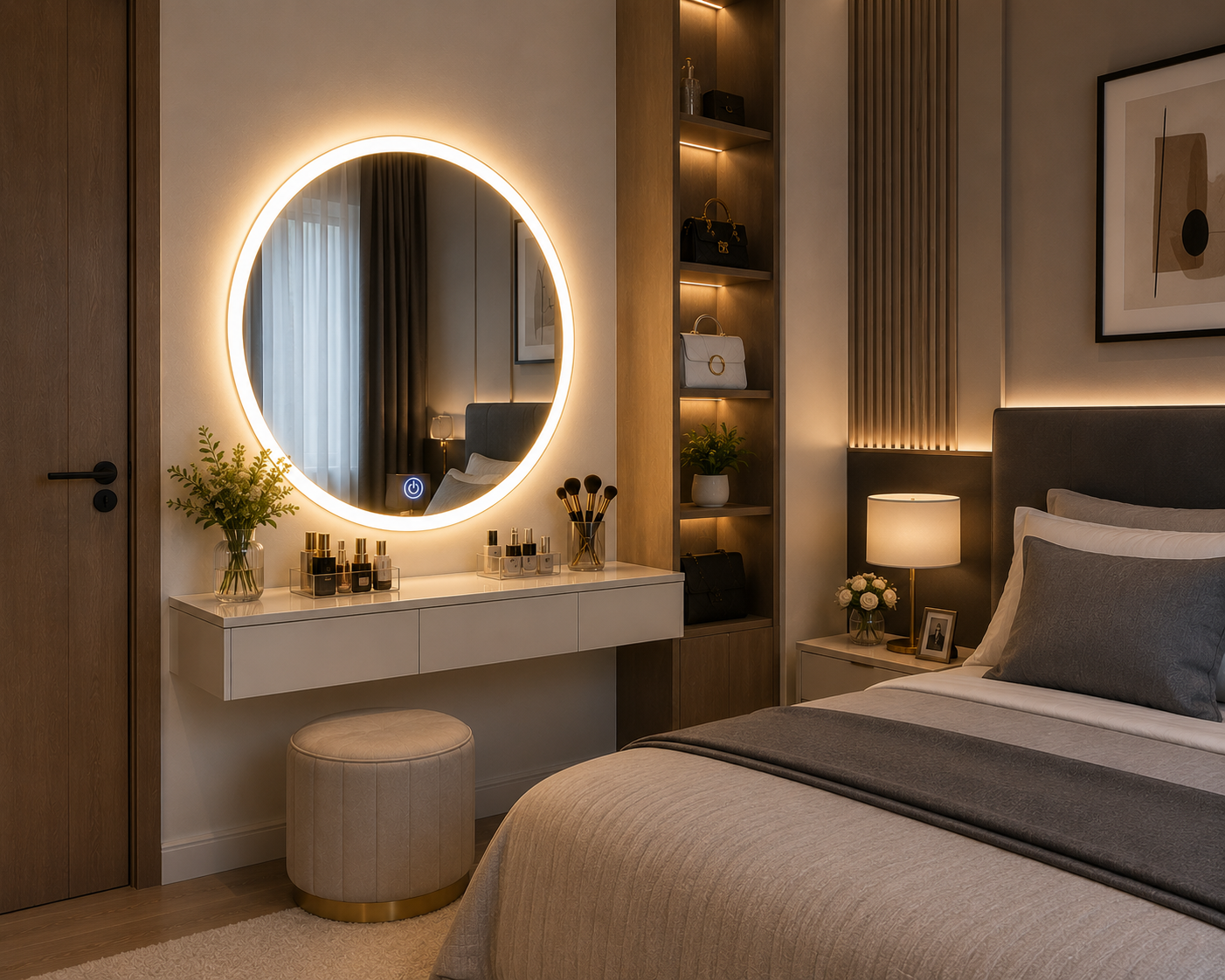 Gương trang điểm gắn tường trong phòng ngủ hiện đại