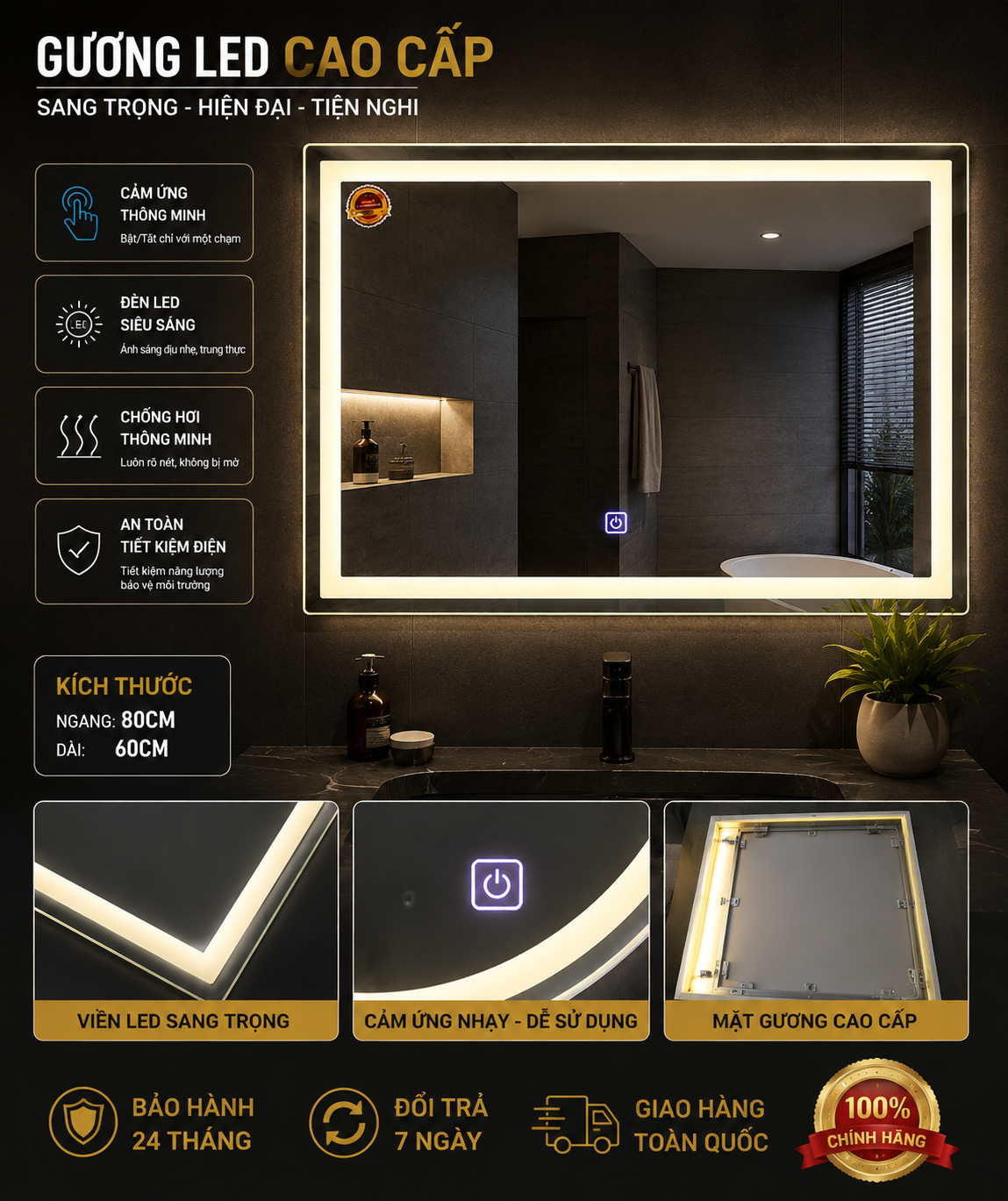 Gương LED chữ nhật cảm ứng 80x60cm chụp trực diện