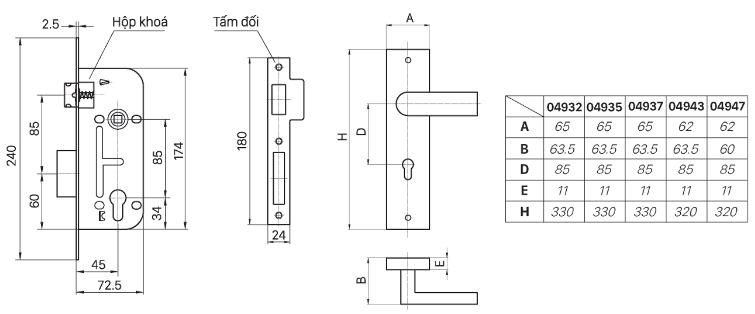 Bản vẽ kích thước kỹ thuật Khóa cửa nhà 04943