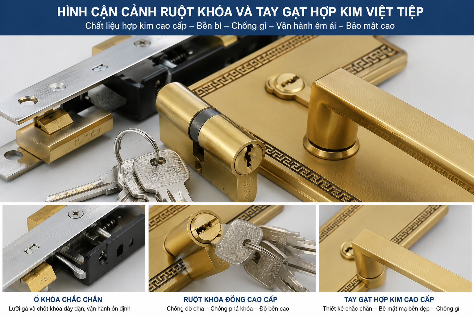 Hình cận cảnh ruột khóa và tay gạt hợp kim Việt Tiệp