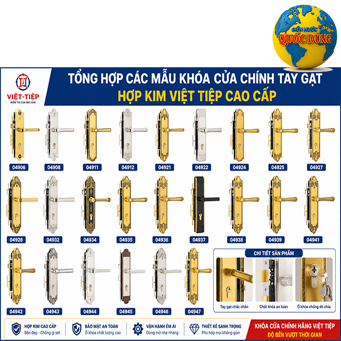 Tổng hợp các mẫu khóa cửa chính tay gạt hợp kim Việt Tiệp cao cấp