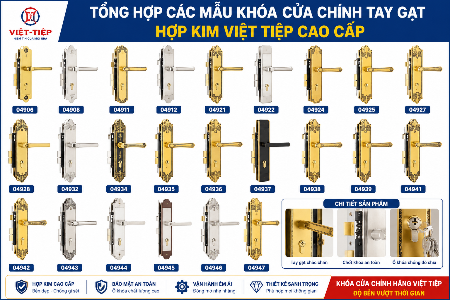 Tổng hợp các mẫu khóa cửa chính tay gạt hợp kim Việt Tiệp cao cấp