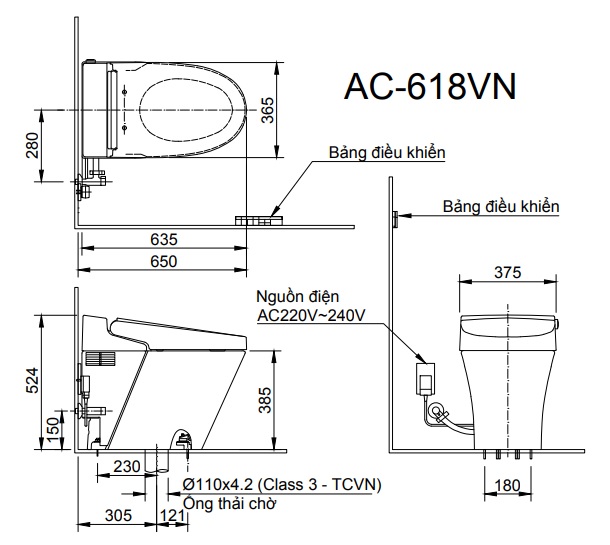 Bảng vẽ kỹ thuật bồn cầu thông minh inax AC-618VN