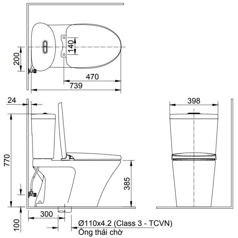 Bảng vẽ kỹ thuật bồn cầu 2 khối inax AC-700VAN (AC700VAN)