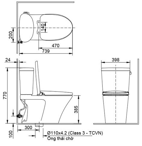 Bảng vẽ kỹ thuật bồn cầu 2 khối inax AC-710VAN (AC710VAN) xã gạt