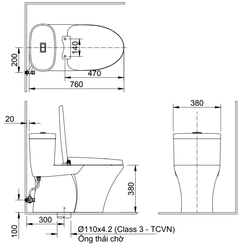 Bảng vẽ kỹ thuật bồn cầu INAX AC-959VAN-1 (AC959VAN1) 1 khối