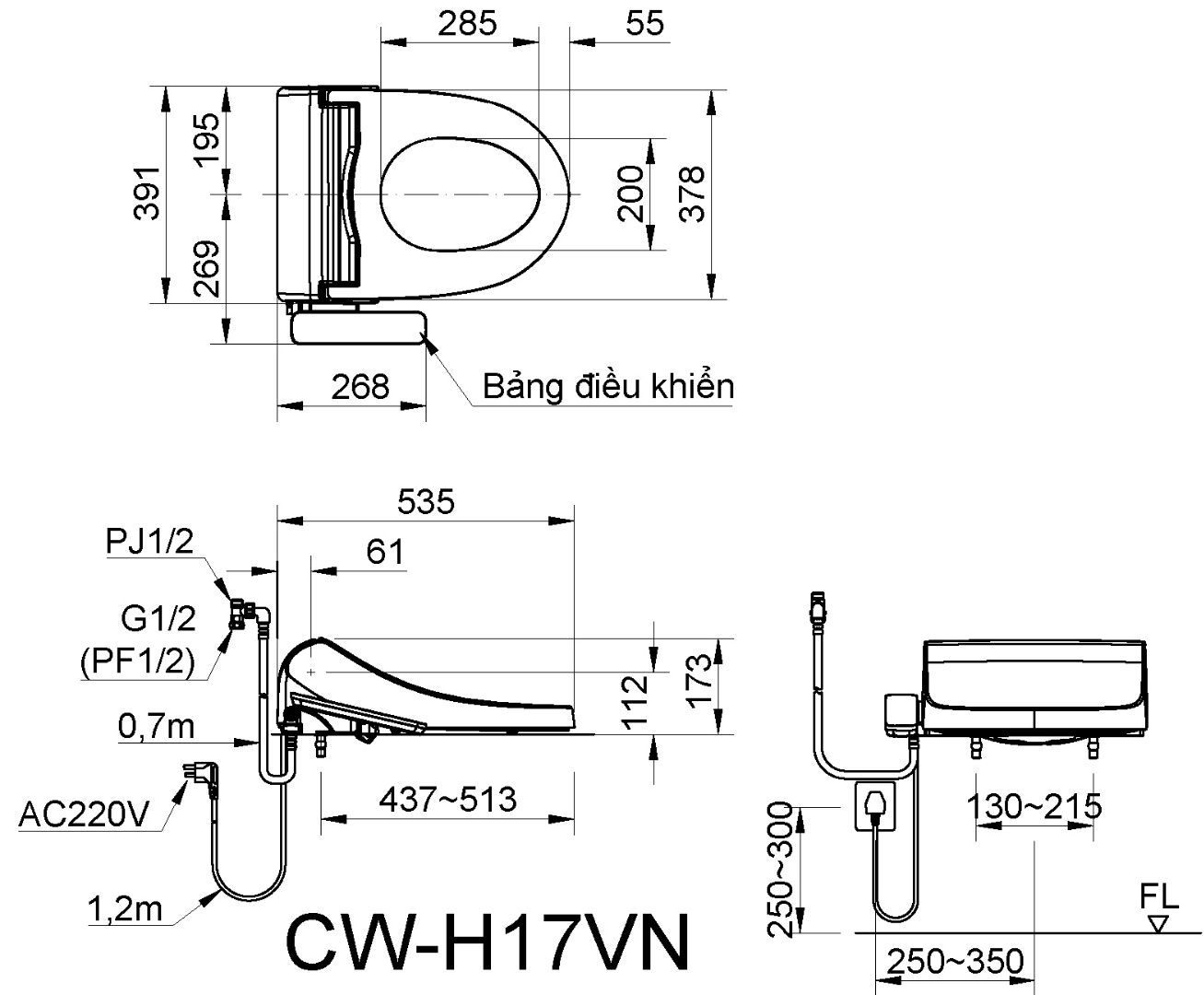 Bảng vẽ kỹ thuật nắp bồn cầu cảm ứng INAX CW-H17VN Shower Toilet