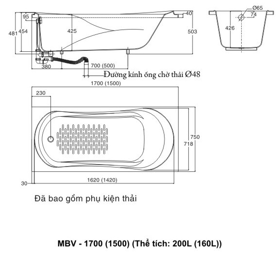 Bồn tắm Inax Galaxy MBV-1500 không chân yếm 1.5m