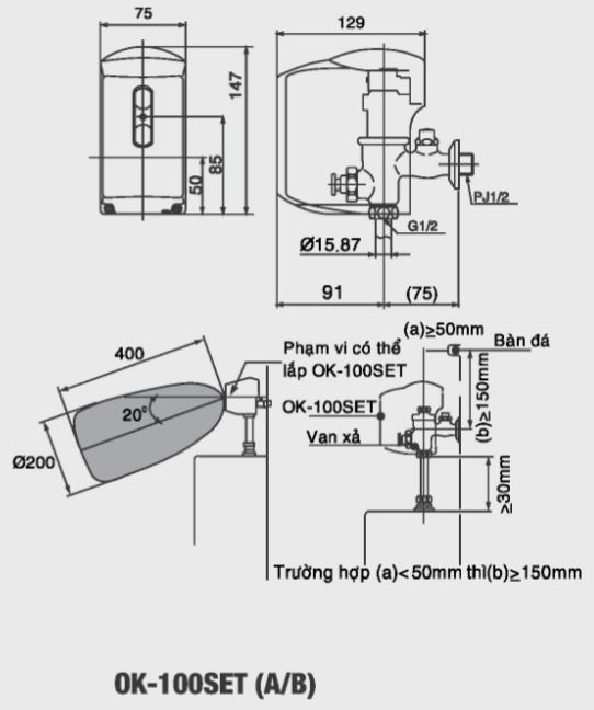 Bảng vẽ kỹ thuật van Xả cảm ứng Inax OK-100SET(A/B) Dùng Pin