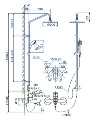 Bản vẽ kỹ thuật Vòi sen tắm cây INAX BFV-1115S-3C nóng lạnh