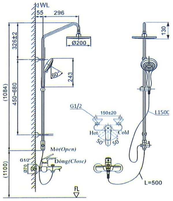 Bản vẽ kỹ thuật vòi sen tắm cây inax BFV-1405S nóng lạnh