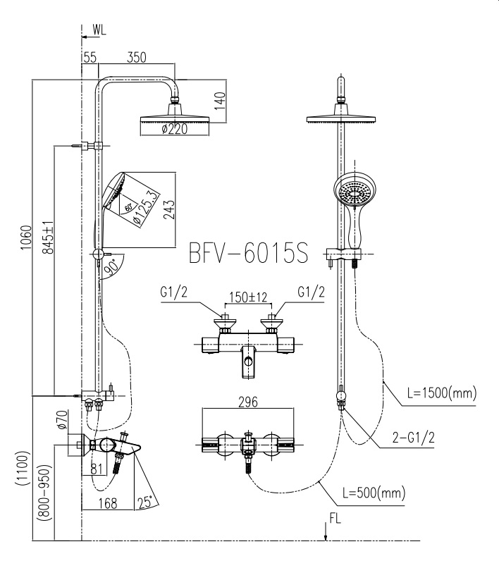 Bản vẽ kỹ thuật Vòi sen cây tắm INAX BFV-6015S nóng lạnh