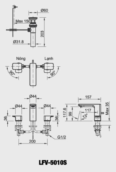 Bản vẽ kỹ thuật Vòi chậu Inax LFV-5010S van nóng lạnh riêng 3 lỗ 