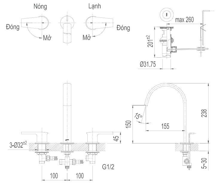 Bản vẽ kỹ thuật Vòi lavabo Inax LFV-7100B van nóng lạnh riêng 3 lỗ