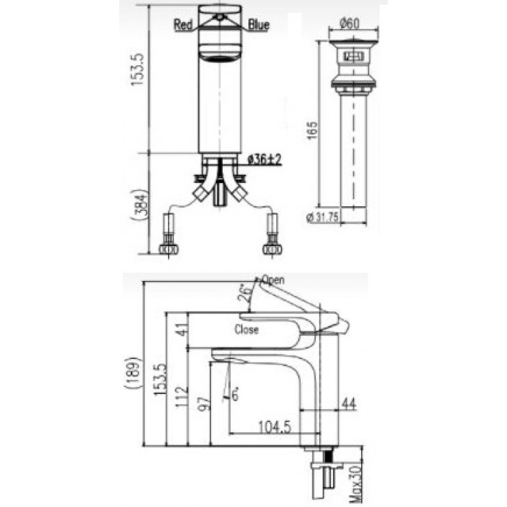Bản vẽ kỹ thuật Vòi chậu lavabo Inax LFV-632S-2 nóng lạnh 