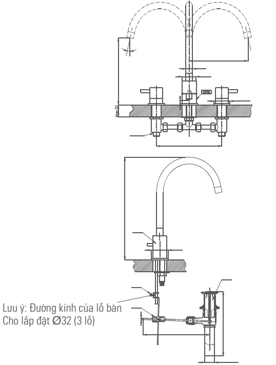 Bản vẽ kỹ thuật Vòi chậu Lavabo Inax LFV-7000B van nóng lạnh 3 lỗ