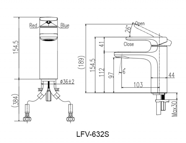 Bản vẽ kỹ thuật Vòi chậu rửa mặt lavabo INAX LFV-632S nóng lạnh