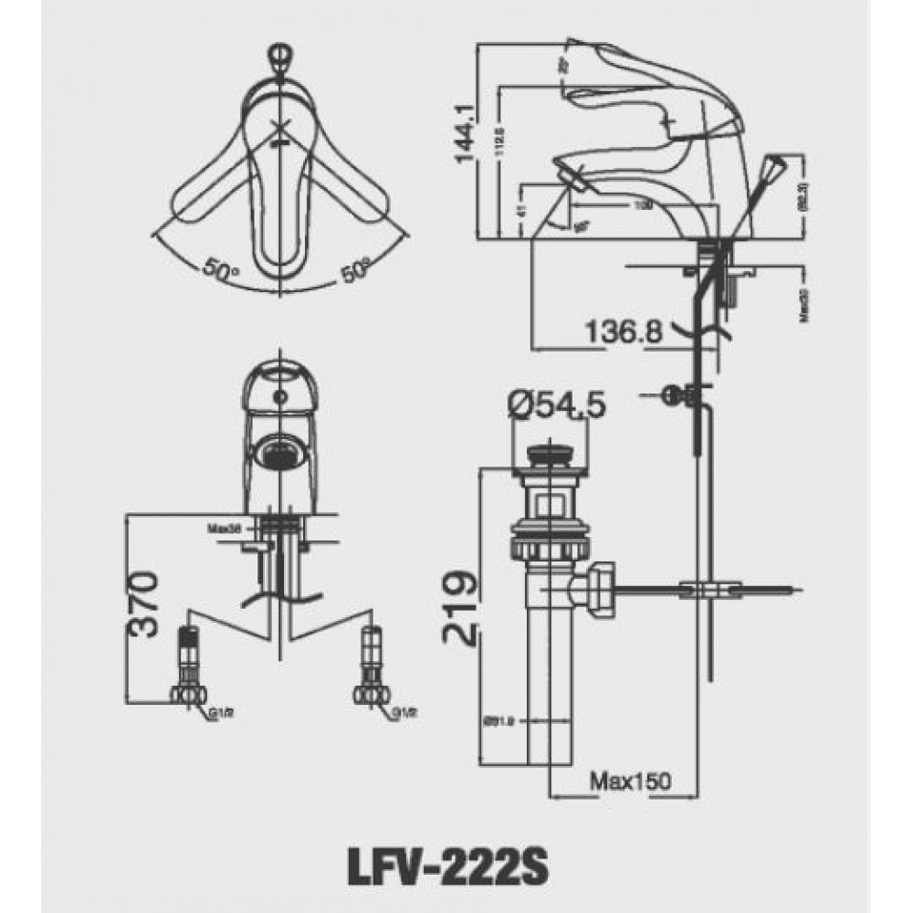 Bản vẽ kỹ thuật vòi chậu rửa mặt lavabo INAX LFV-222S nóng lạnh