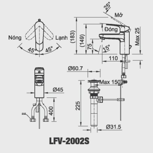 Bản vẽ kỹ thuật Vòi chậu Lavabo Inax LFV-2002S nóng lạnh