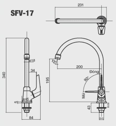 Bản vẽ kỹ thuật Vòi rửa chén bát INAX SFV-17 nước lạnh cho chậu bếp 