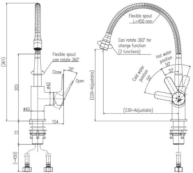 Bản vẽ kỹ thuật Vòi nước rửa bát nóng lạnh cần mềm Inax SFV-303S 