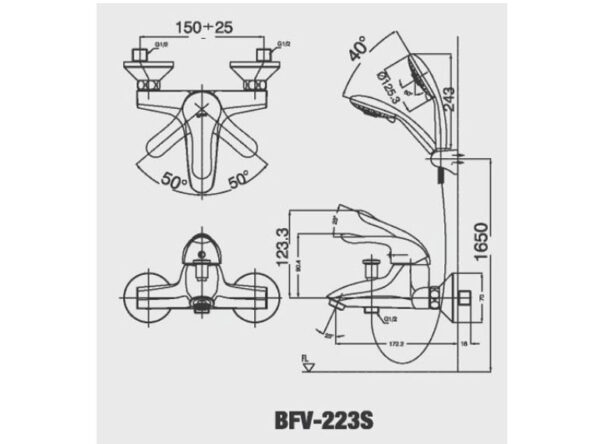 Bản vẽ kỹ thuật vòi sen tắm Inax BFV-223S nóng lạnh tay sen Massage