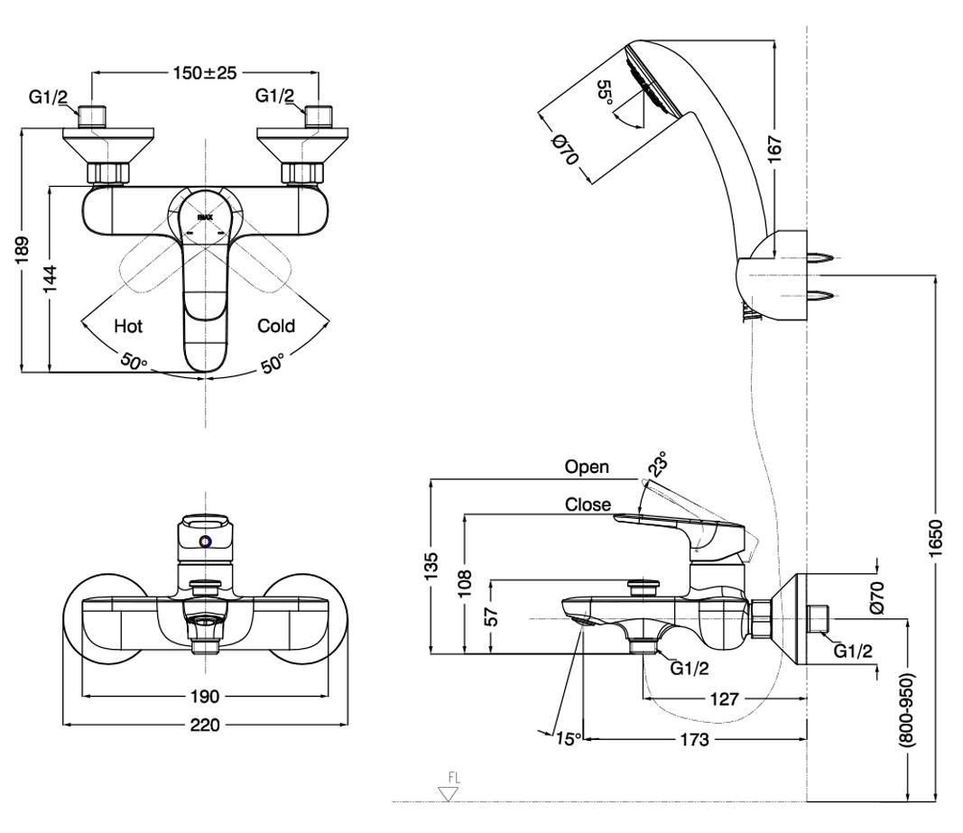 Bản vẽ kỹ thuật vòi hoa sen INAX BFV-1403S-4C nóng lạnh tắm đứng cao cấp