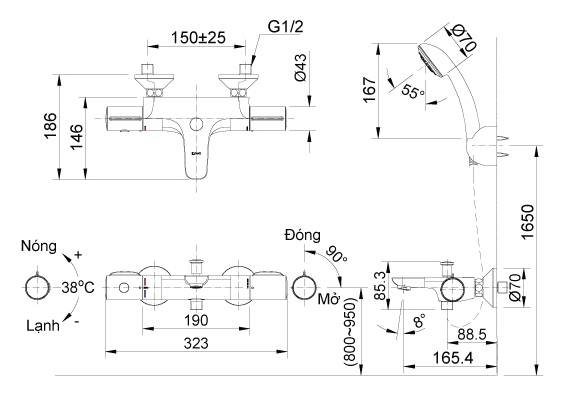 Bản vẽ kỹ thuật Vòi sen tắm nóng lạnh INAX BFV-3413T-3C