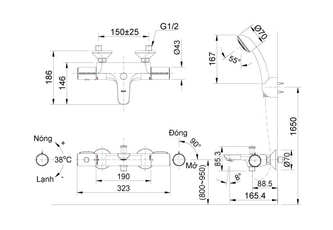 Bản vẽ kỹ thuật Vòi sen tắm nhiệt độ INAX BFV-3413T-4C