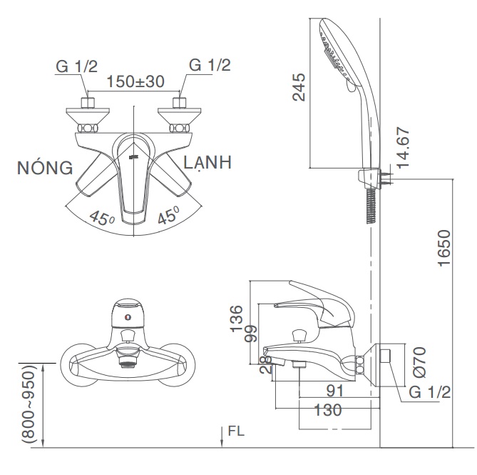 Bản vẽ kỹ thuật vòi sen tắm nước nóng lạnh INAX BFV-3003S-1C