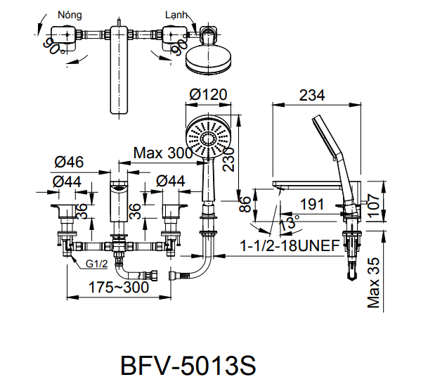 Bản vẽ kỹ thuật Vòi sen tắm gắn bồn INAX BFV-5013S nóng lạnh