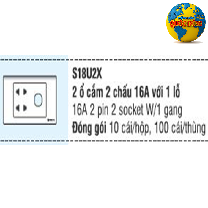 Thông số kỹ thuật của Mặt ổ cắm đôi 2 chấu với 1 lỗ Sino S18U2X