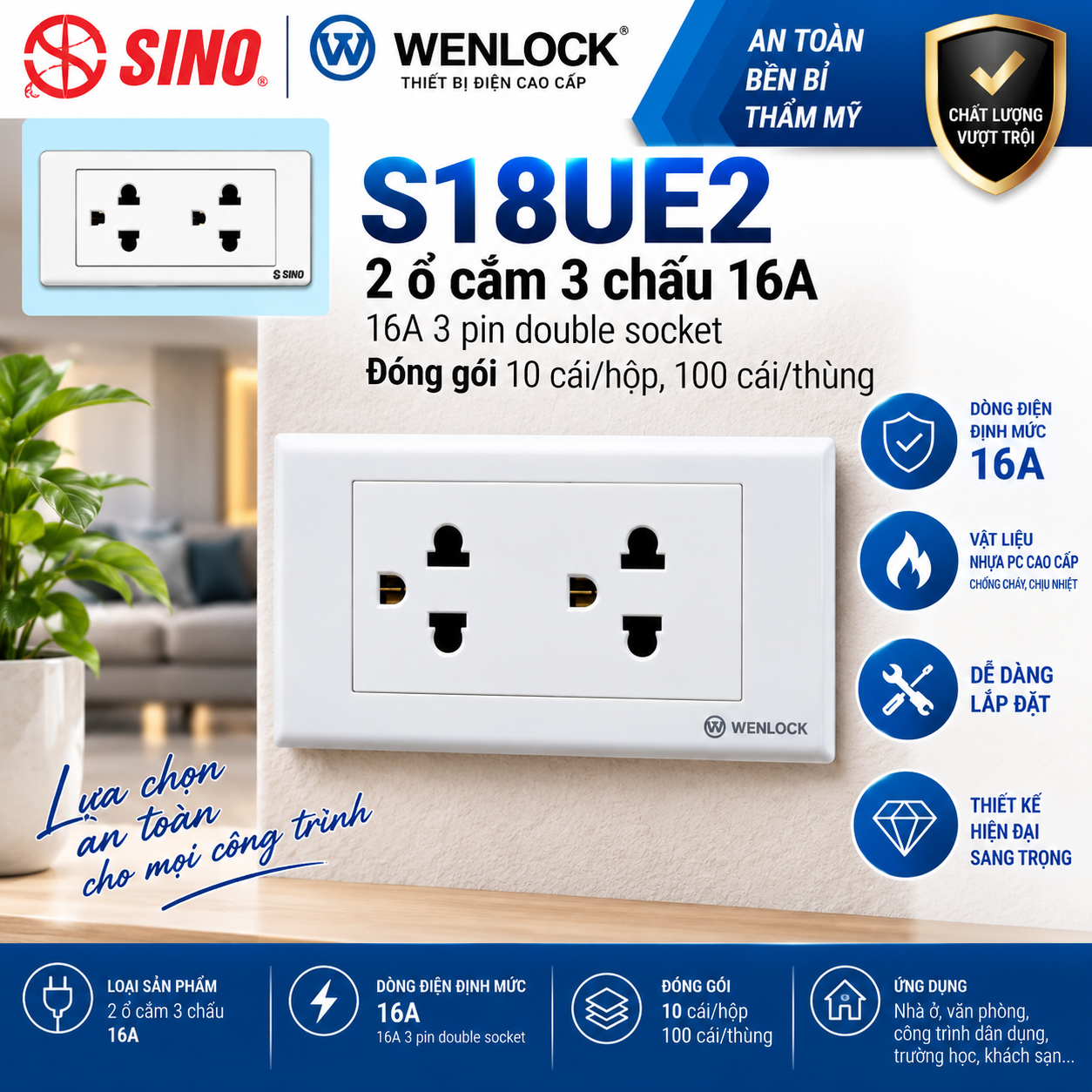 Ổ cắm đôi 2 lỗ 3 chấu 16A S18UE2 SINO màu trắng