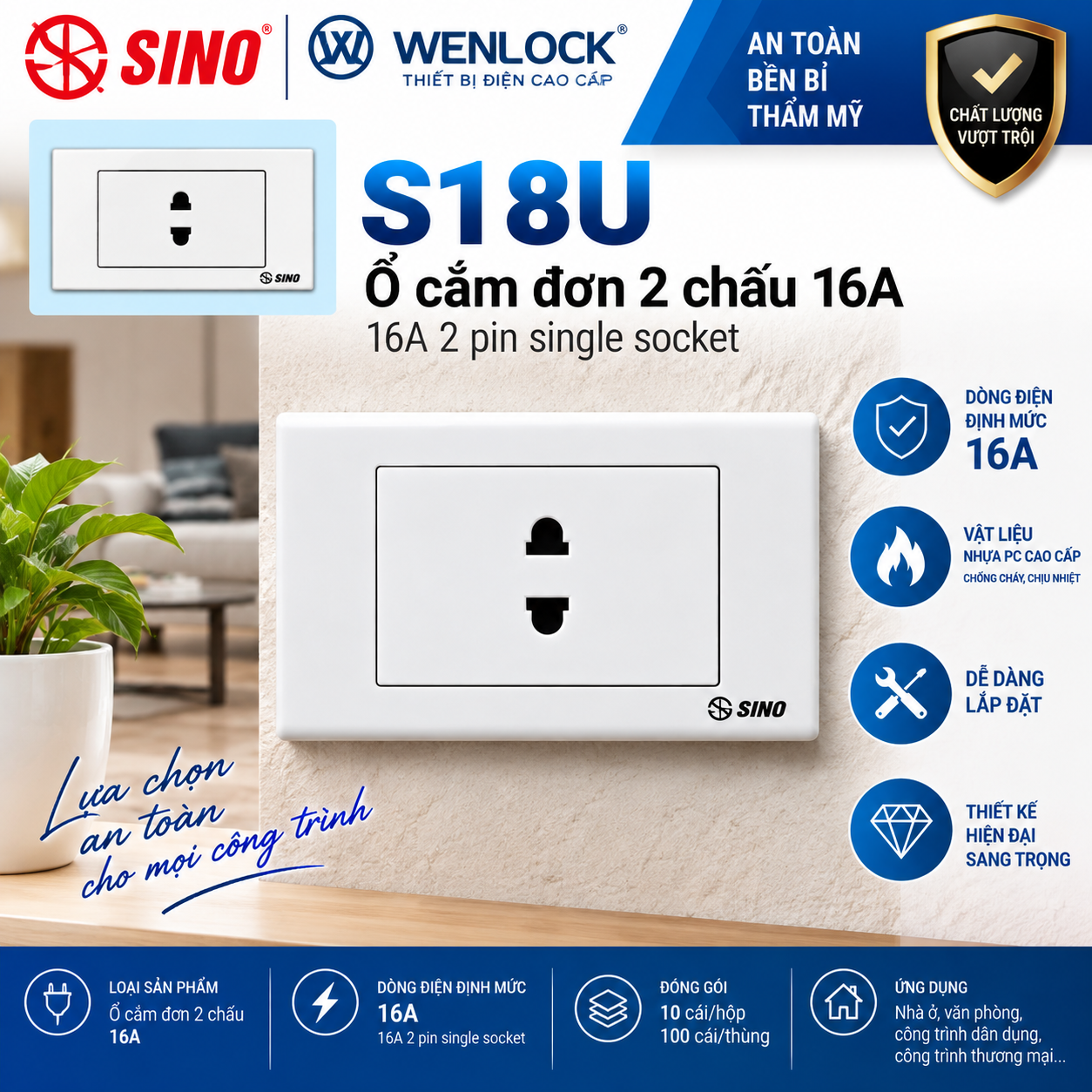 Ổ cắm đơn S18U 2 chấu 16A SINO lắp đặt thực tế trên tường Ổ cắm đơn S18U 2 chấu 16A SINO lắp đặt thực tế trên tường