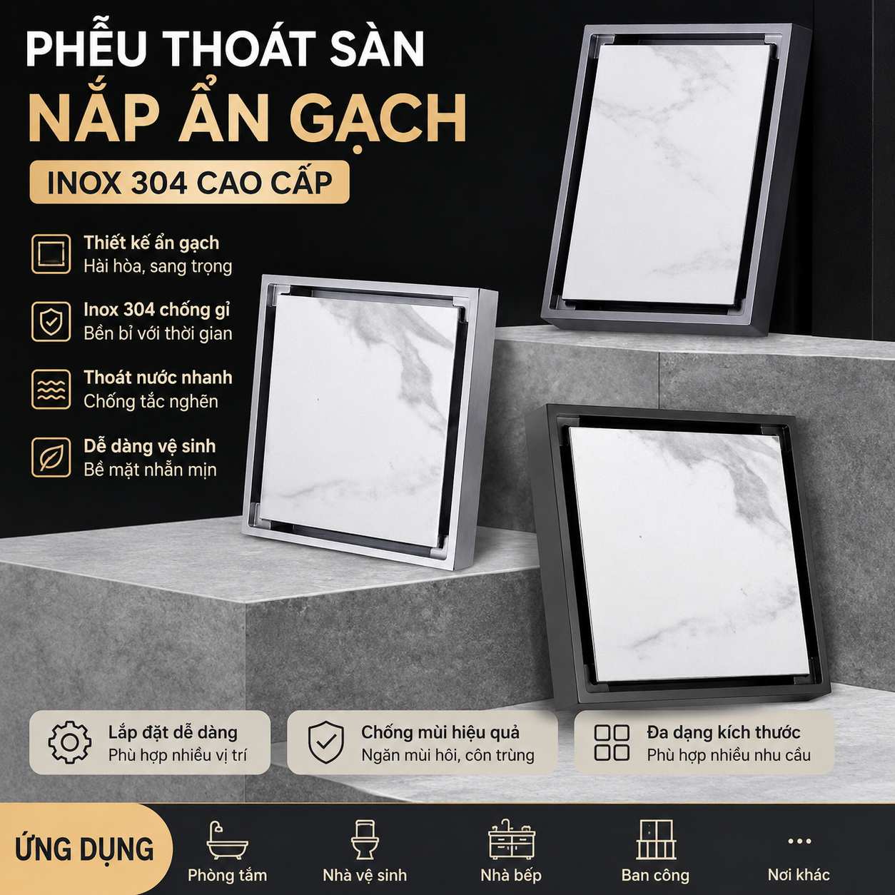 Ảnh tổng thể phễu thoát sàn nắp vuông ẩn gạch inox 304 12x12cm