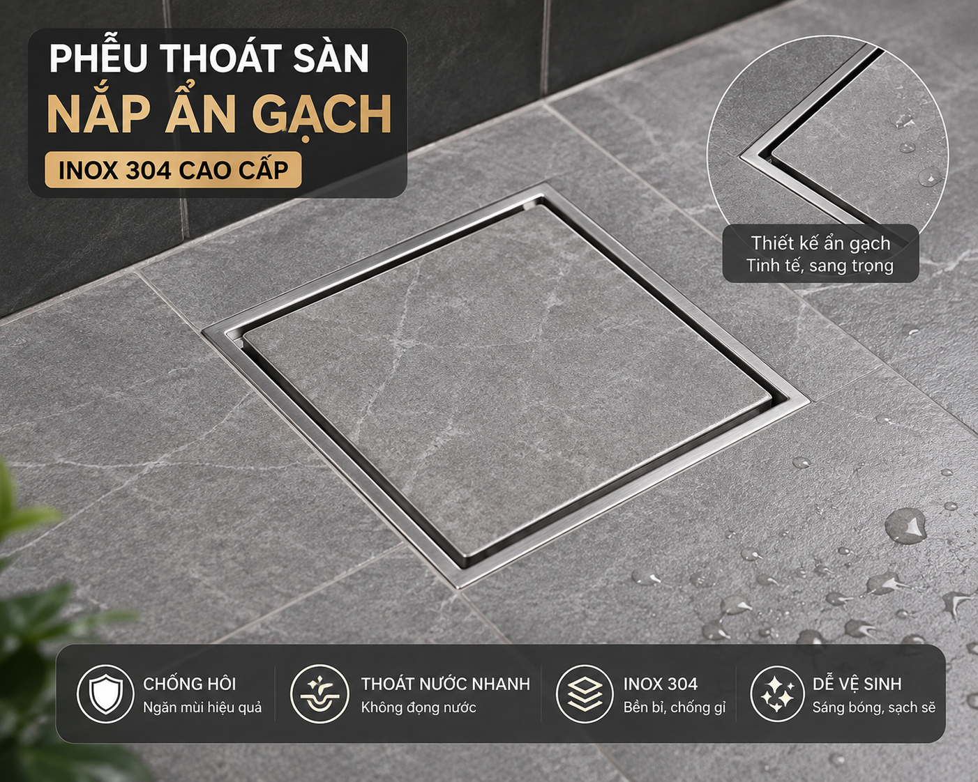 phễu đã lắp vào nền gạch, minh họa kiểu ẩn gạch