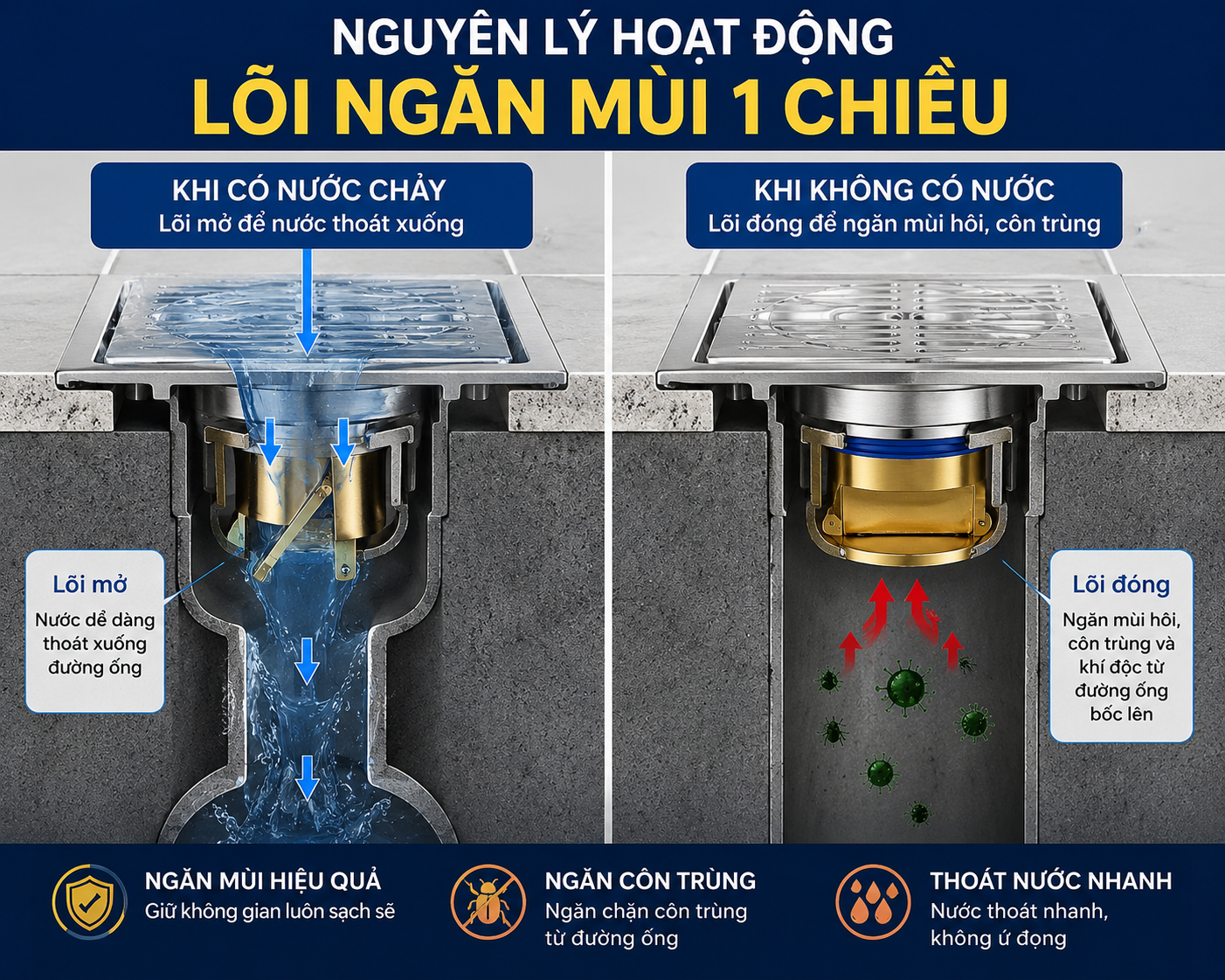 Ảnh minh họa nước thoát qua phễu và cơ cấu một chiều