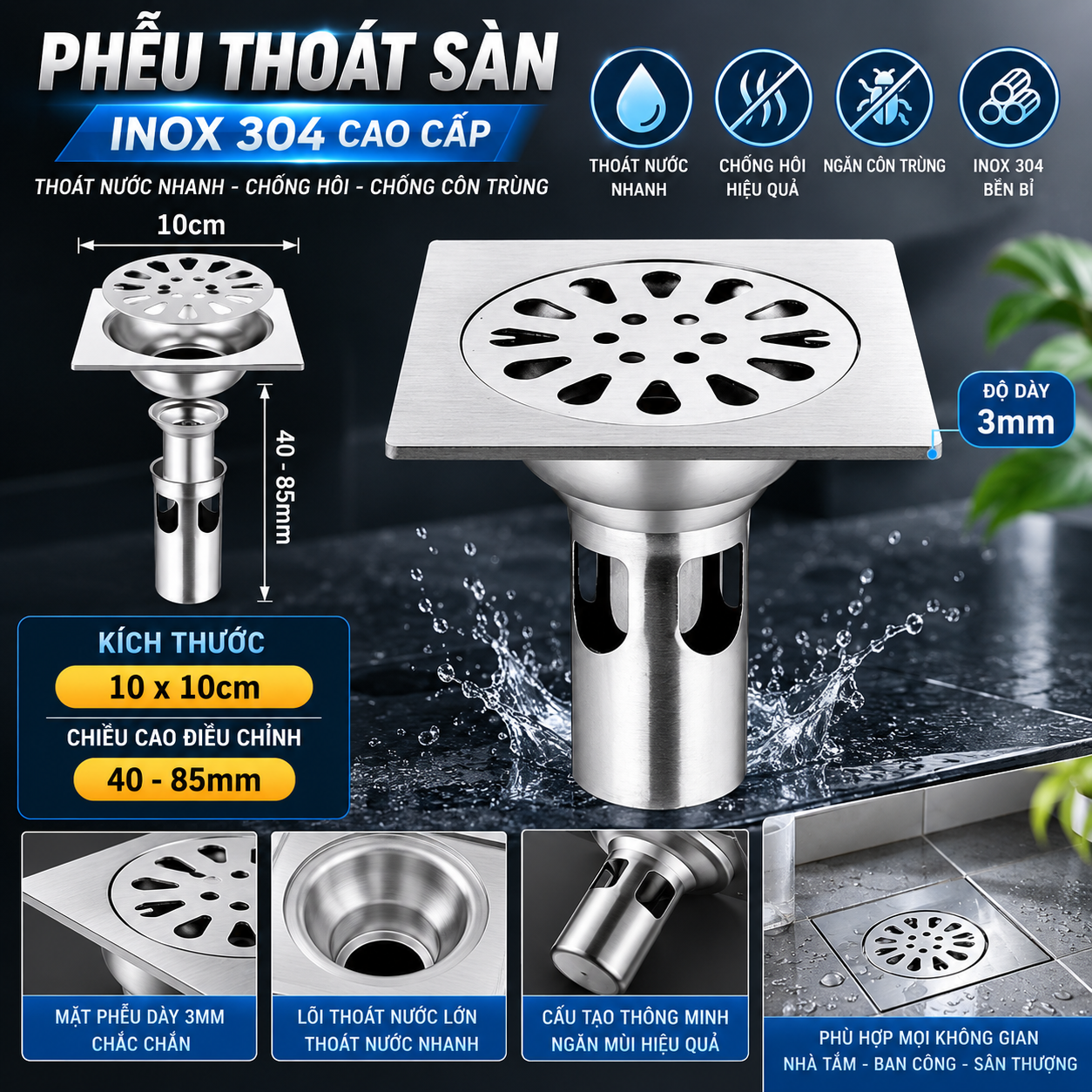 Phễu thoát sàn 10x10cm thông số kỹ thuật