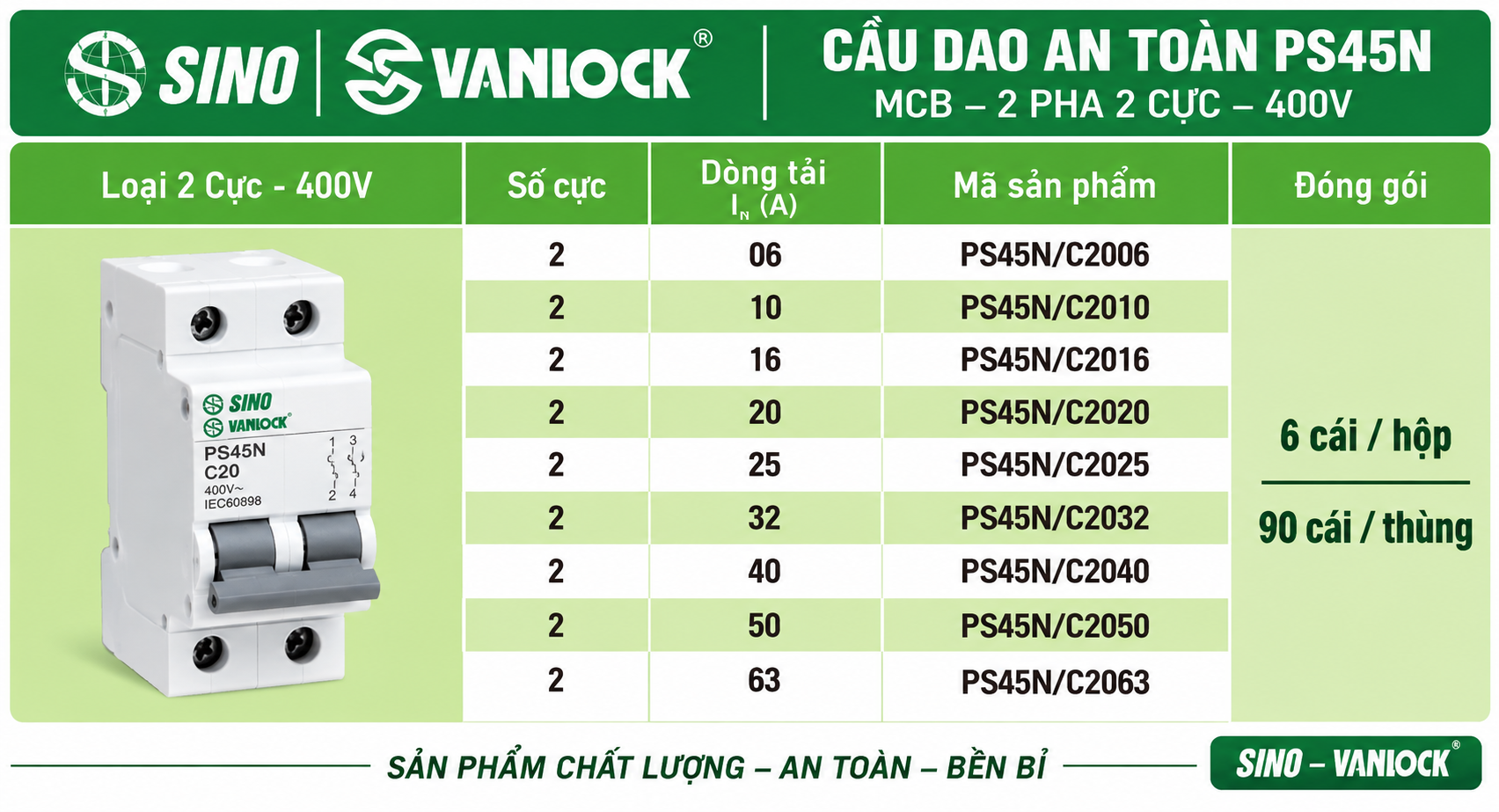 MCB SINO VANLOCK PS45N 2P 400V C20 C32 C40 C63 chính hãng Bình Tân
