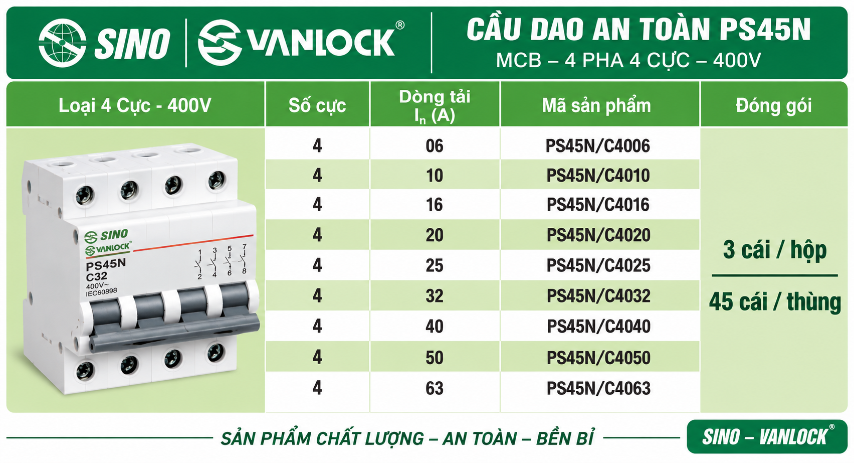 MCB SINO VANLOCK PS45N 4P 400V C32 C40 C63 chính hãng TPHCM