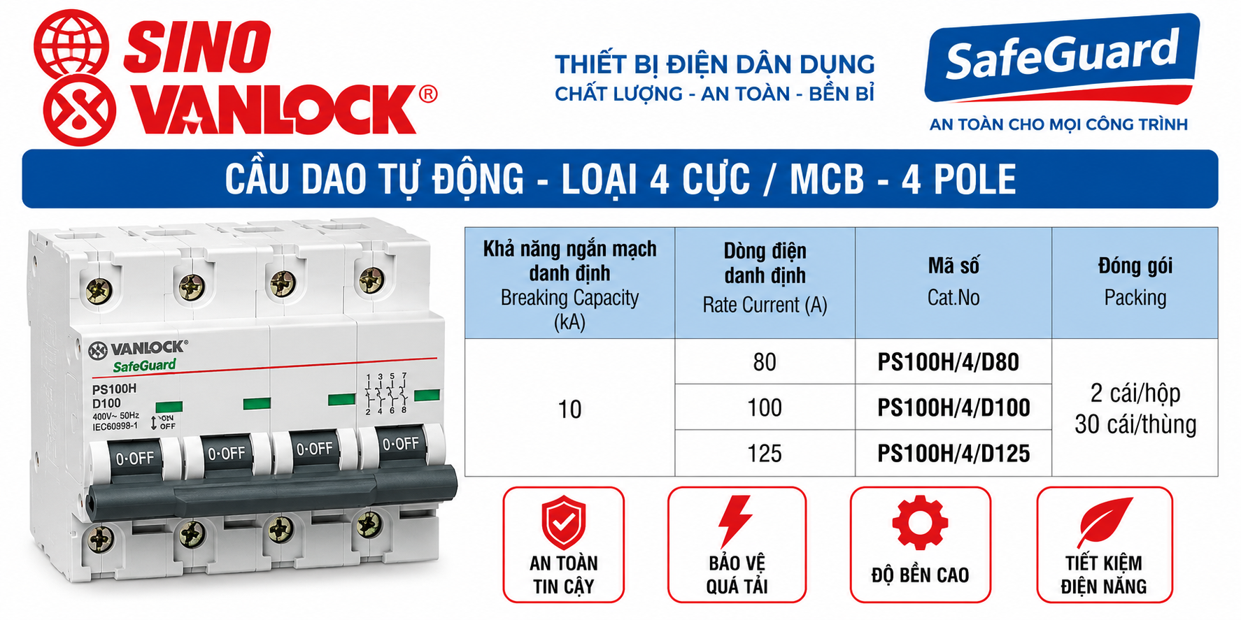 MCB SINO VANLOCK 4 cực – PS100H/4 80A / 100A / 125A