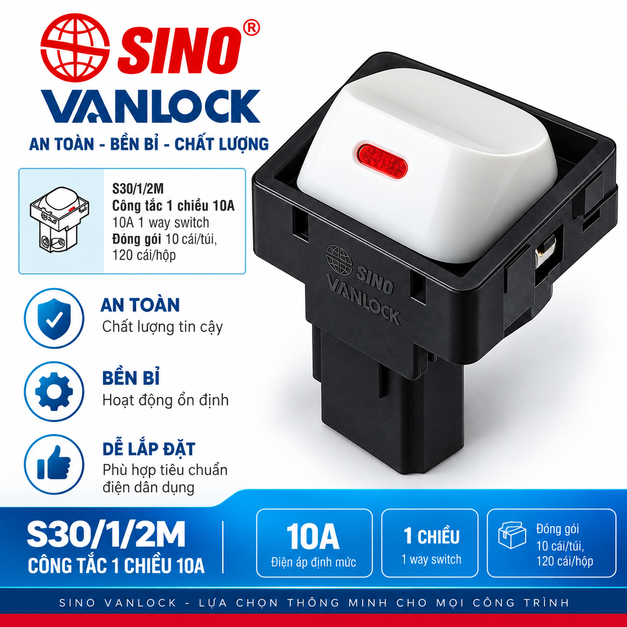 Công tắc 1 chiều S30/1/2M 10A SINO VANLOCK  