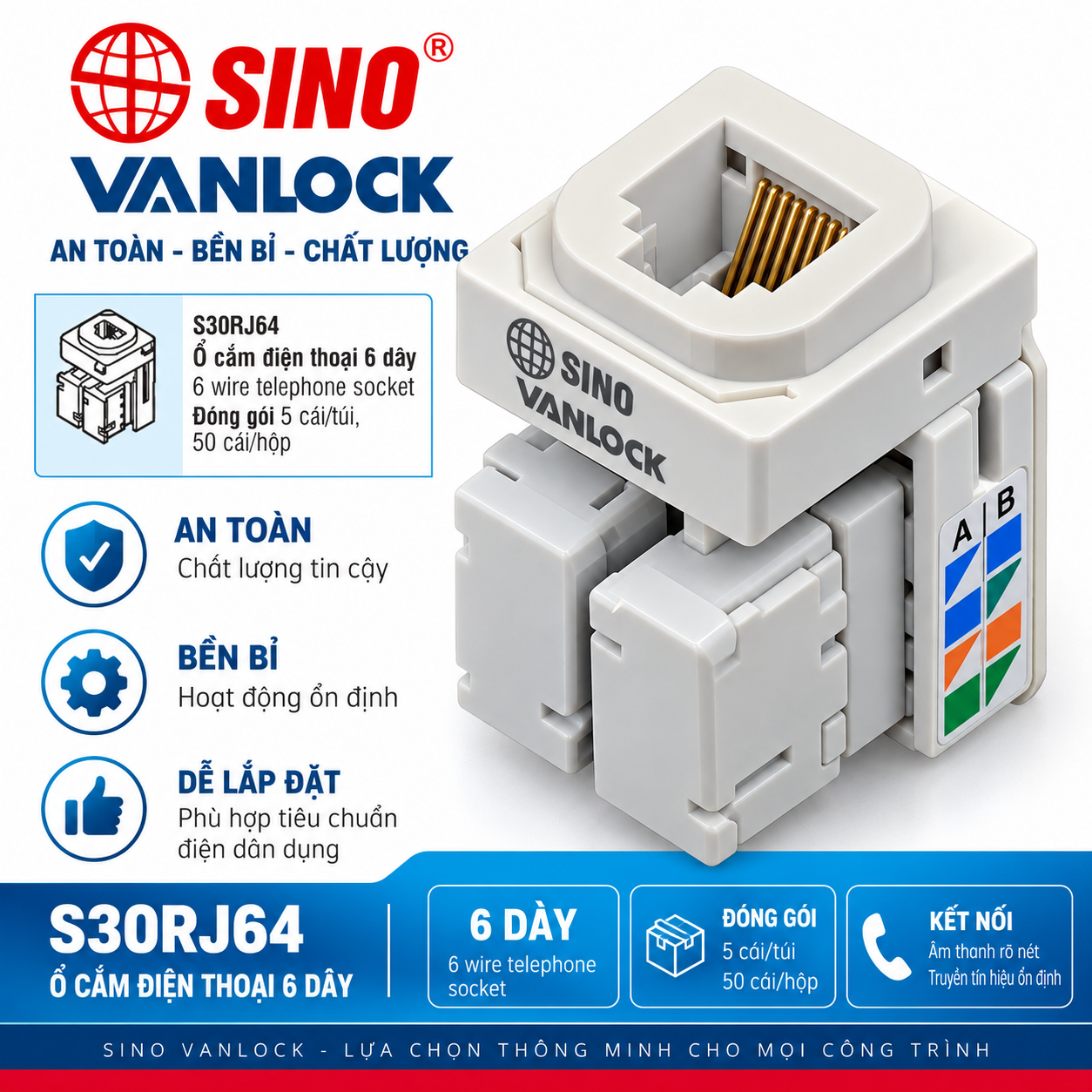 Hạt ổ cắm điện thoại 6 dây S30RJ64 SINO VANLOCK