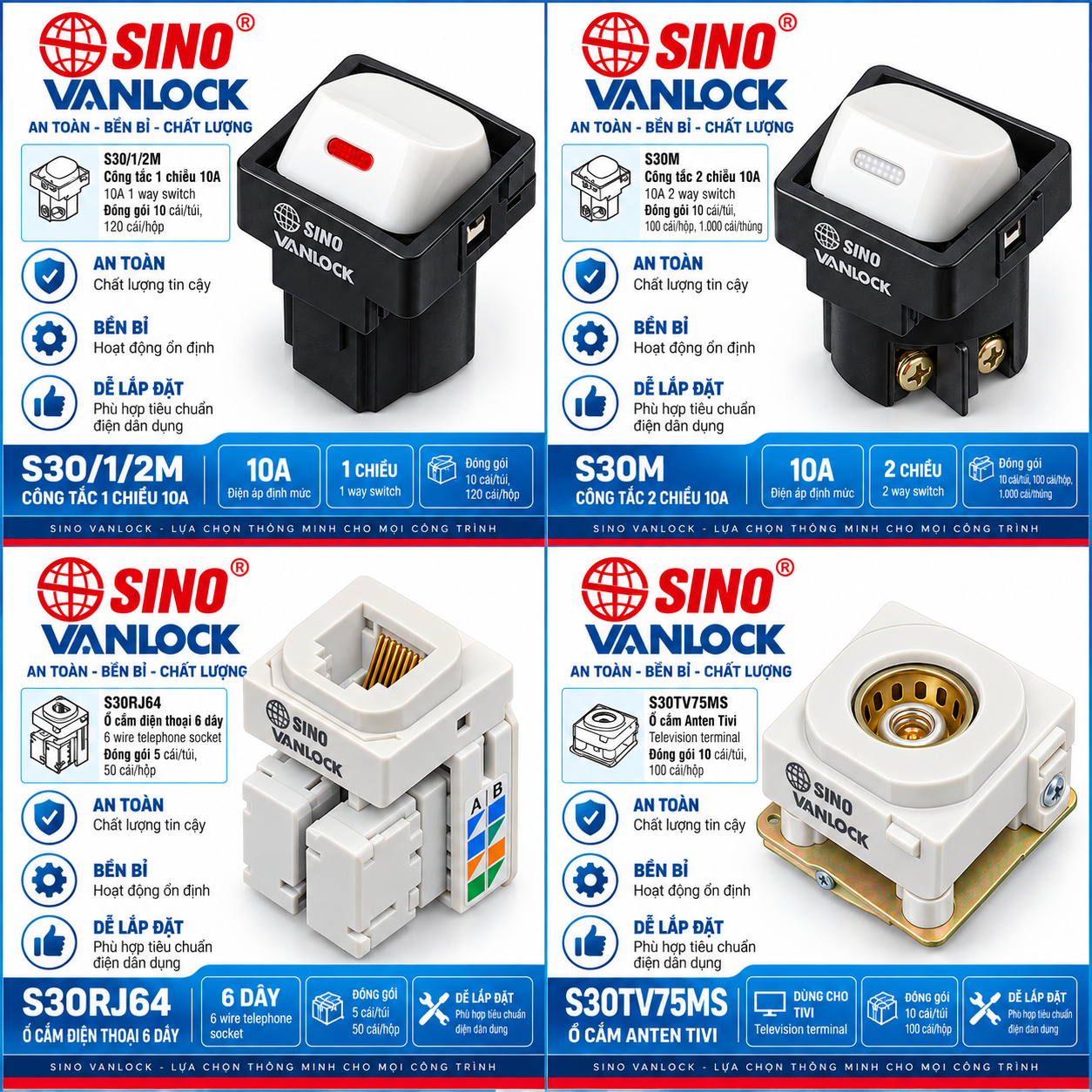 Bộ công tắc và ổ cắm SINO VANLOCK S30/1/2M S30M S30RJ64 S30TV75MS