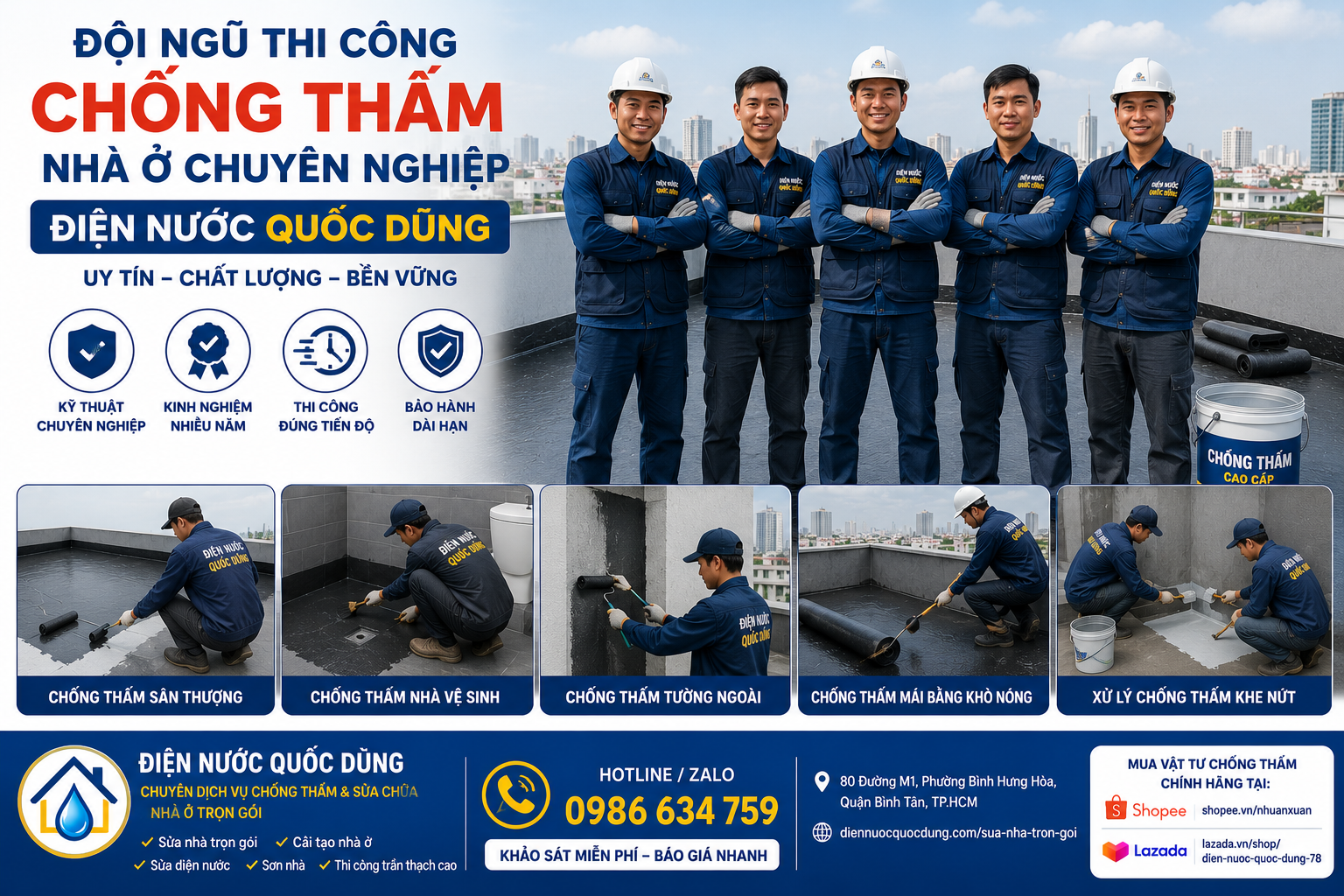 Đội ngũ thi công chống thấm nhà ở chuyên nghiệp Điện Nước Quốc Dũng