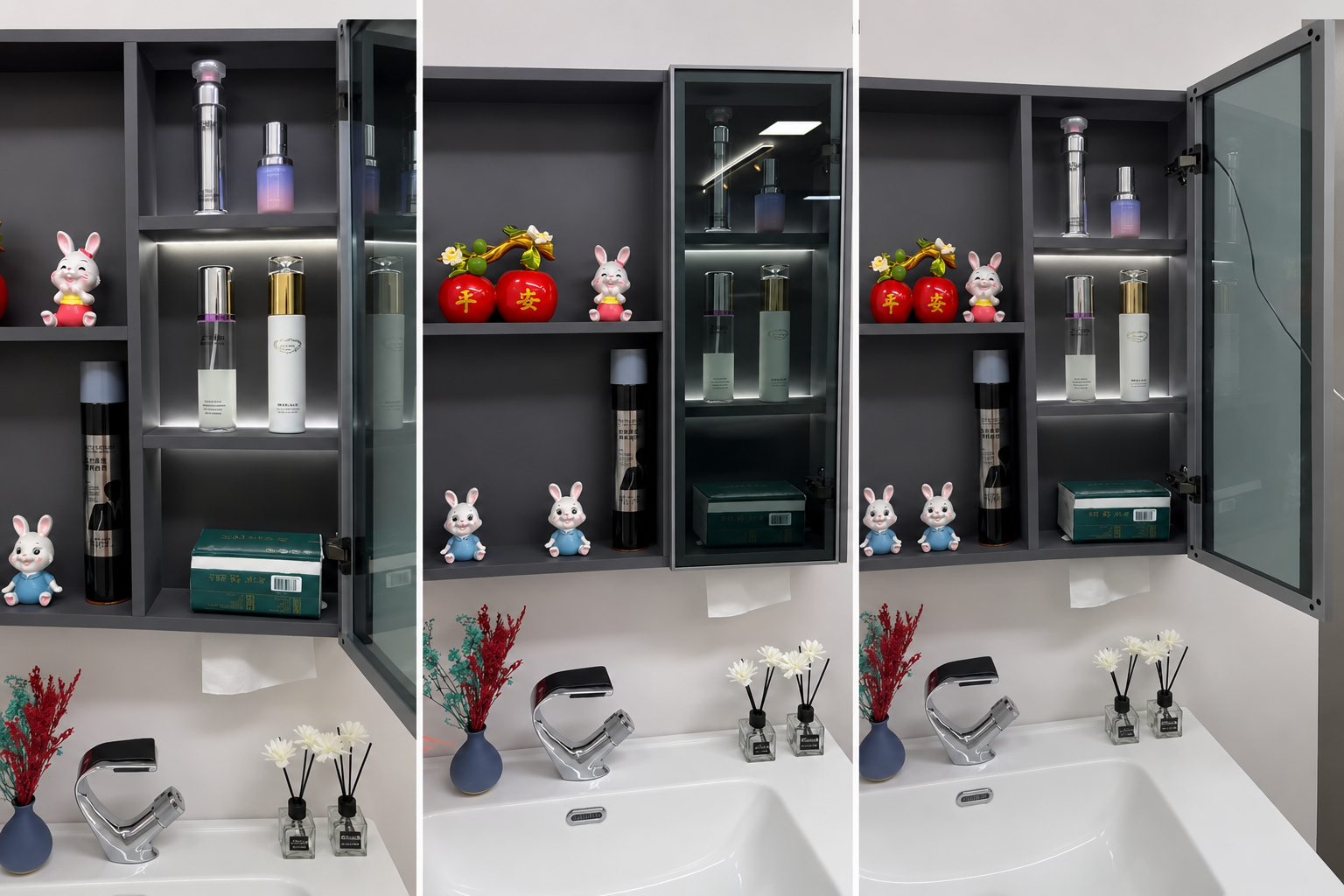 Ảnh cận cảnh gương LED và khoang tủ kính