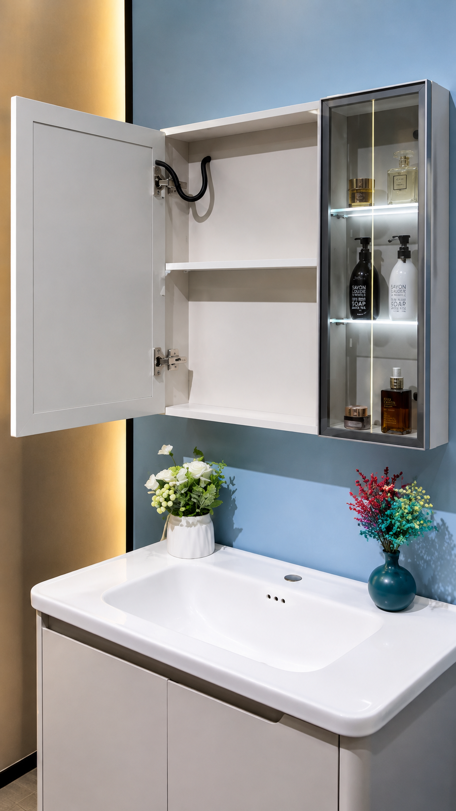 Ảnh tủ lavabo khi mở tủ, thể hiện không gian lưu trữ và bản lề
