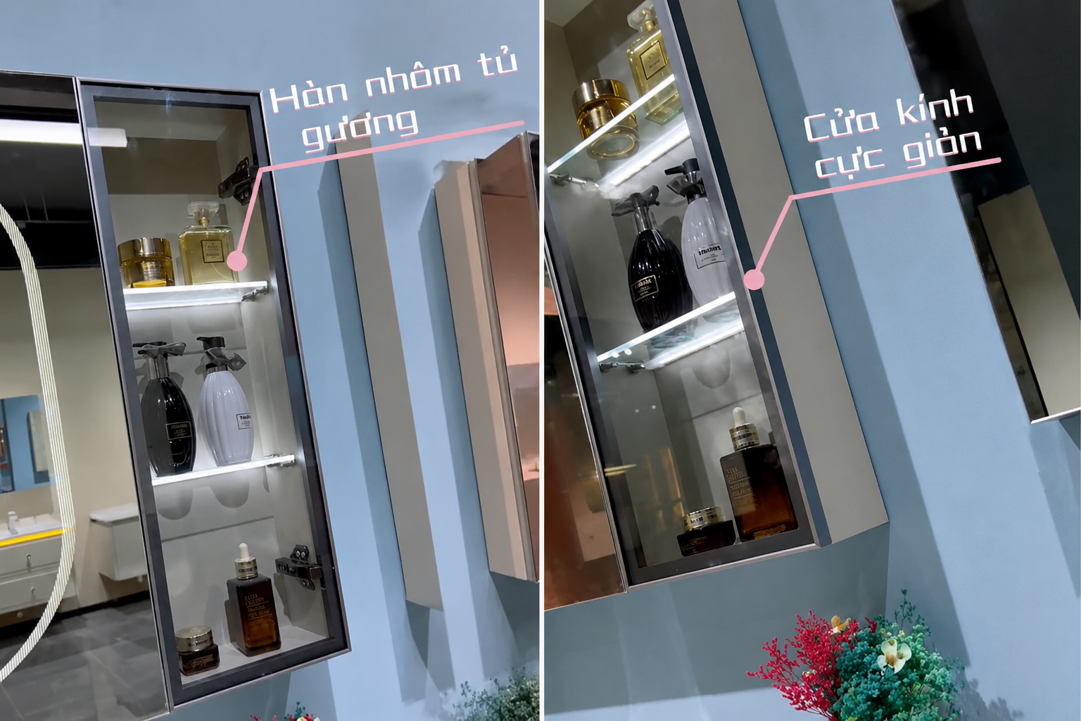 Ảnh tủ lavabo khi mở tủ, thể hiện không gian lưu trữ và bản lề