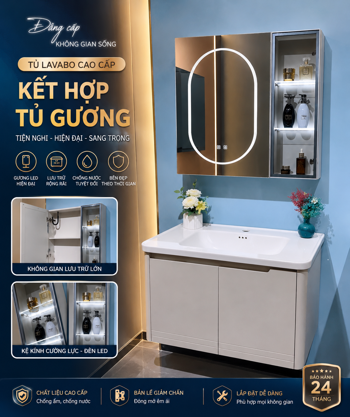 Ảnh toàn cảnh bộ tủ lavabo kết hợp tủ gương hiện đại